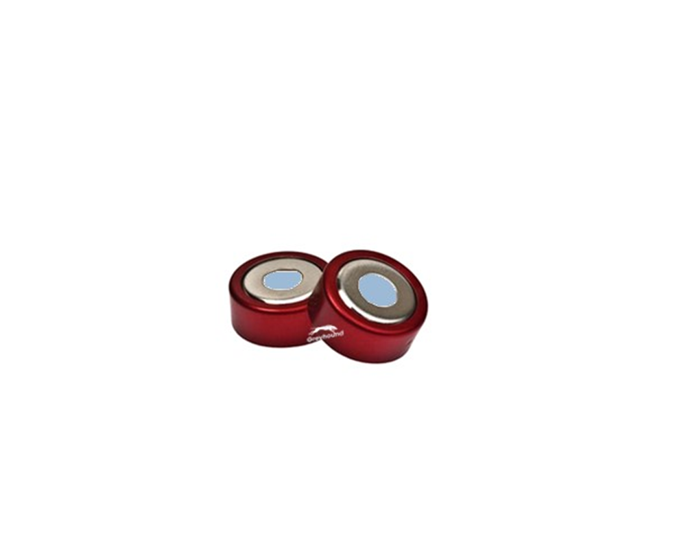 Picture of UltraClean 20mm Bi-Metallic Crimp Cap, Red, 8mm hole with Transparent Blue/White PTFE Septa, 3mm, (Shore A 45)